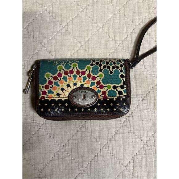 Fossil Key-Per Zip Around Wristlet Floral Print Brown/Turquoise /Multi colored - Picture 2 of 8
